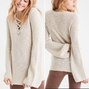 American Eagle Outfitters Lace-Up V-Neck Bell Sleeve Sweater - Cream